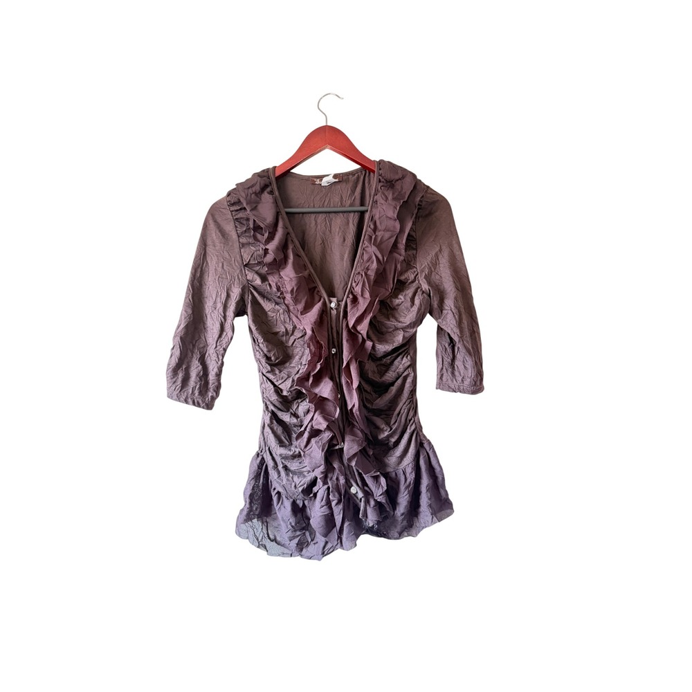 Y2k coquette Brown Ruffle Peplum Cardigan Top Crinkle Texture 3/4 Sleeve small